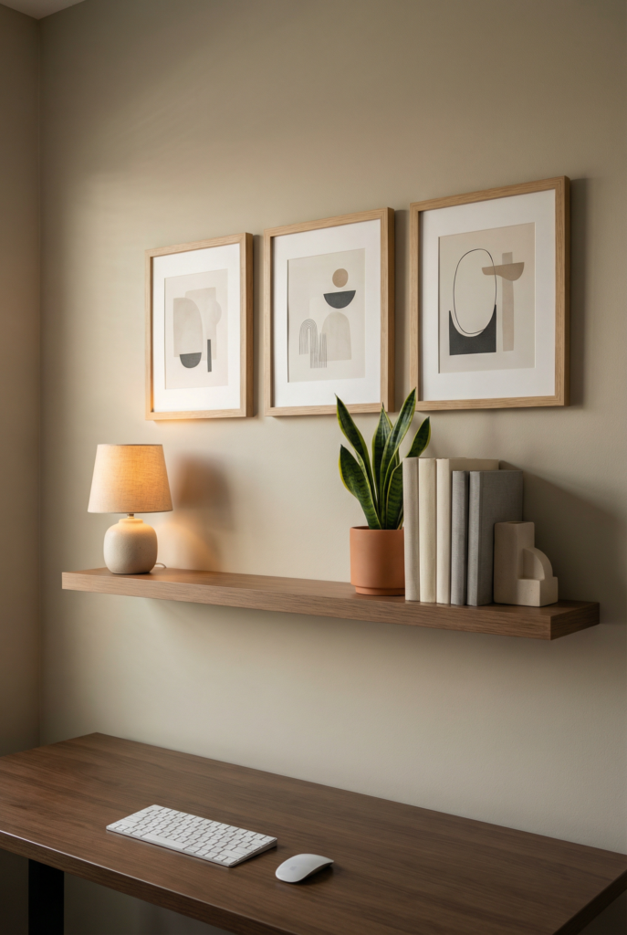 Zoom-friendly home office backdrop with styled shelves, simple art, and balanced decor with clean negative space.