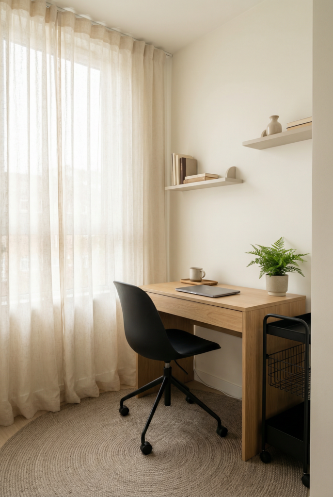 Small window nook home office with a compact desk near natural light, ergonomic chair, and minimal decor.