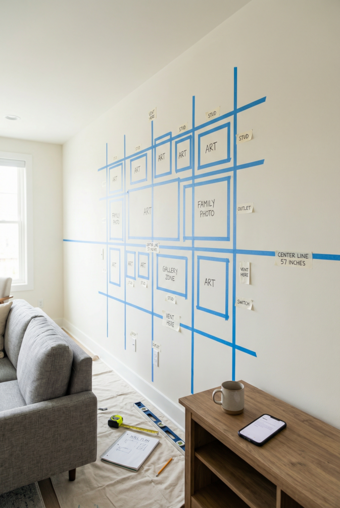 Painter’s tape wall plan mapping frames, studs, and a 57-inch center line for how to decorate a long wall in living room