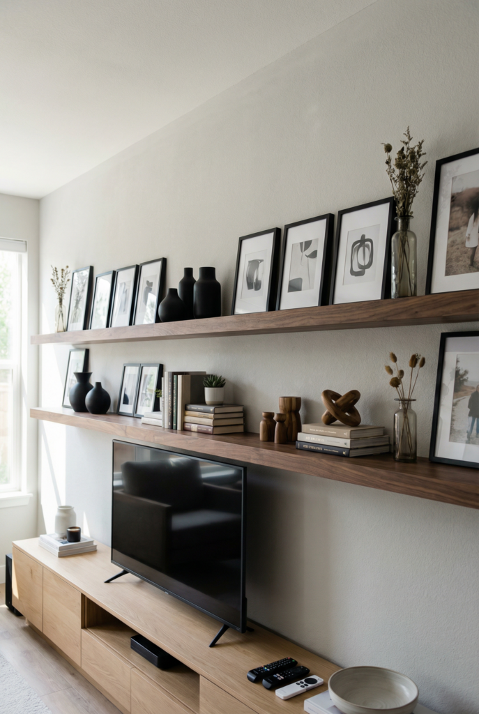 Floating shelves styled with an art stack, books, and vases above a TV console for clean long wall decor