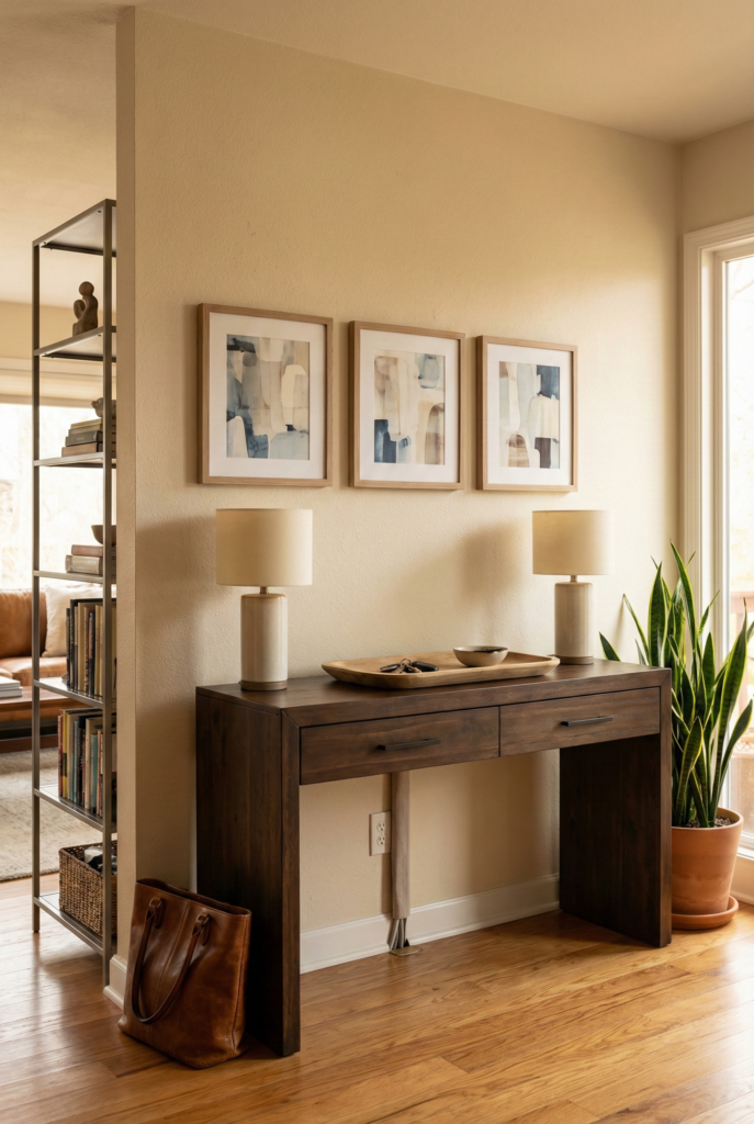 Console table decor under three framed pieces with two lamps, creating a functional long wall decor zone