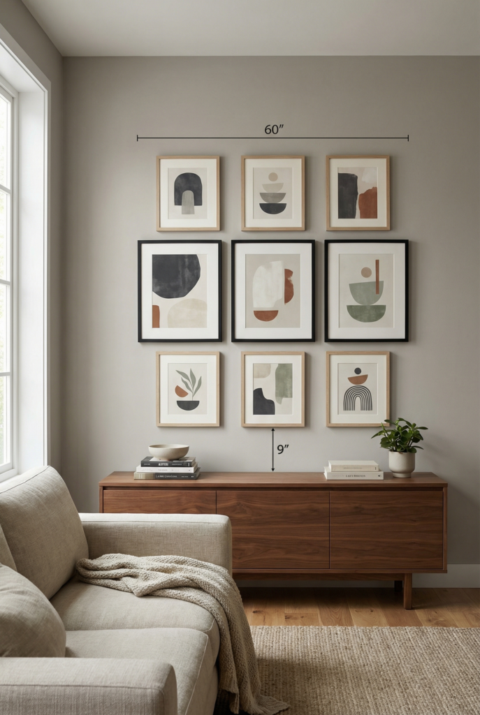 Gallery wall grid above a console with 2–3 inch spacing and mixed frame finishes using affordable prints