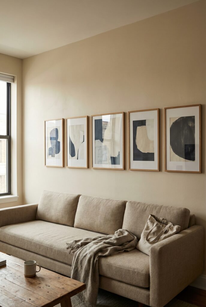 Long sofa wall with a row of framed prints in a calm color palette decor scheme for simple wall decor ideas