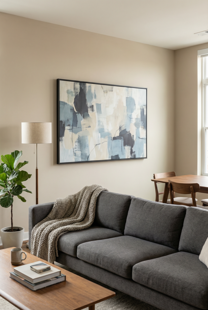Oversized artwork above a sofa for large scale decor, making the long wall feel anchored instead of empty