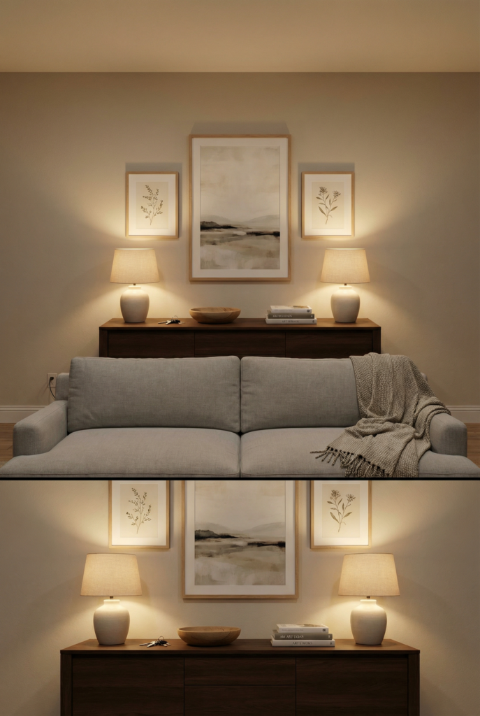 Console table decor behind a sofa with paired table lamps and symmetrical affordable prints for long wall decor
