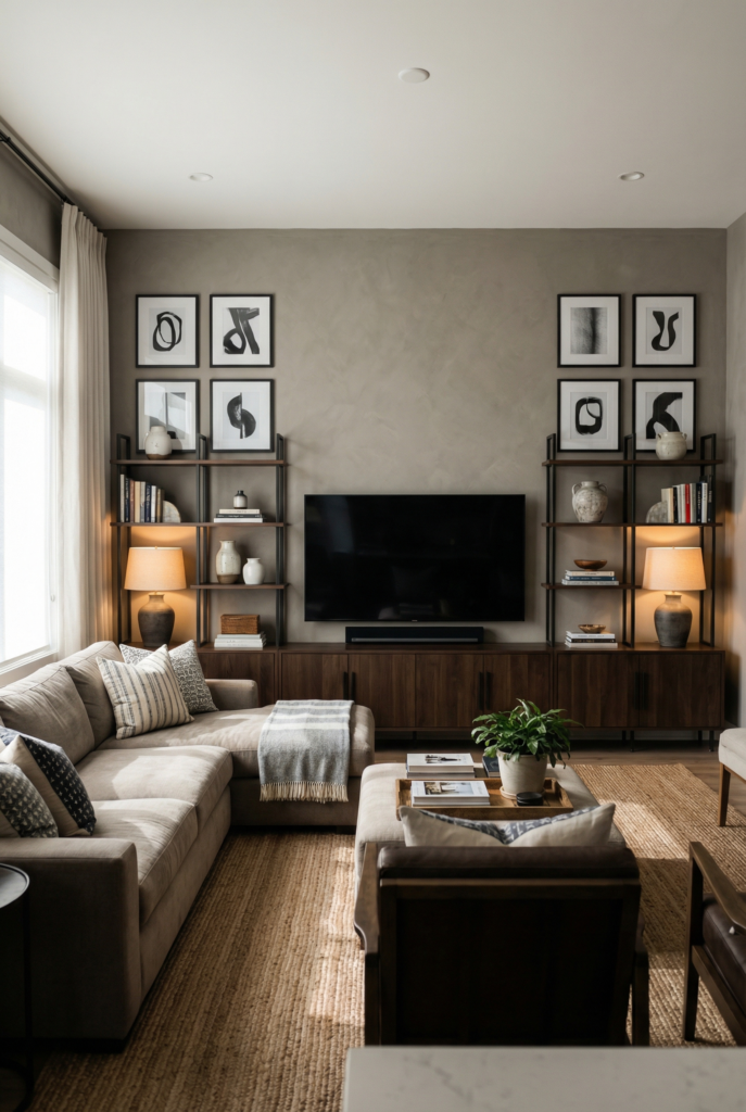 Media wall with TV, shelves, and balanced gallery walls that make long wall decor feel built-in and cozy