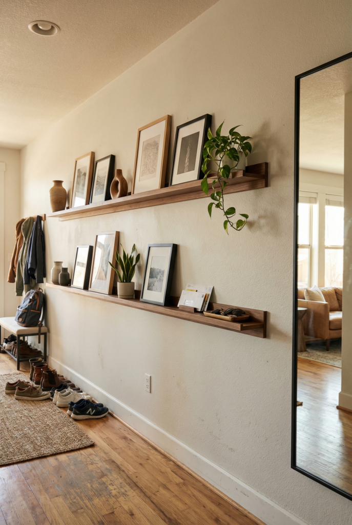 Long traffic wall with two wooden picture ledges, framed prints, trailing plant, and a tall mirror moment near the entry