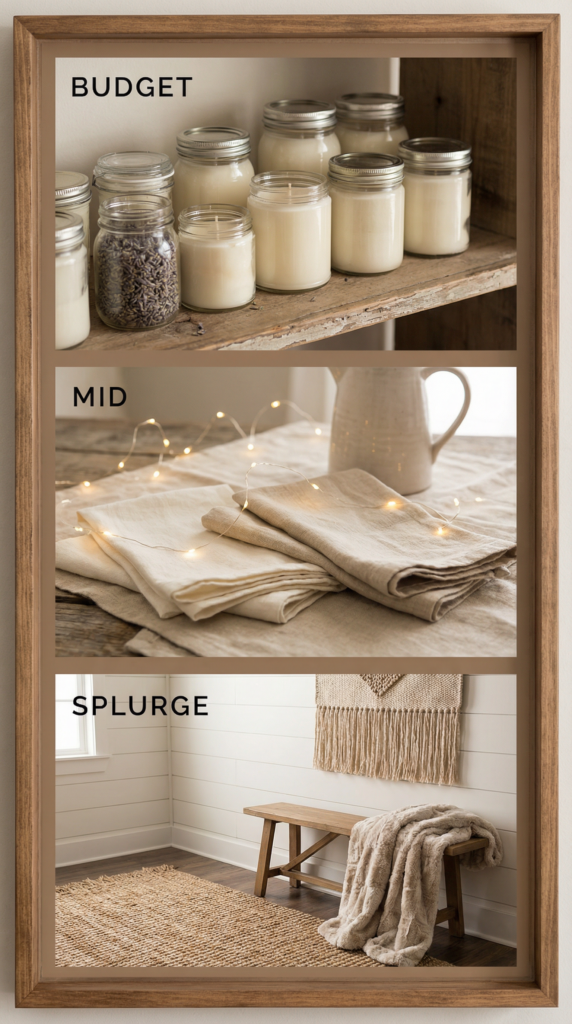 Garden party decor budget tiers—simple low-cost upgrades, mid-range lighting and linens, and a splurge backdrop for a full setup.