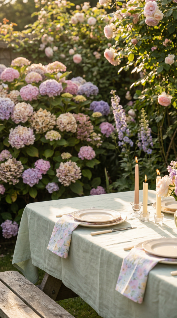 Matching garden party decor to what’s blooming—flowers echoed in napkins and candles for a cohesive outdoor party look.