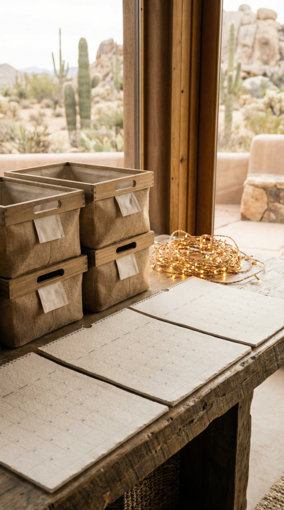 Garden party setup timeline planning with calendar pages, organized bins, and lights ready to hang for a smooth party day.