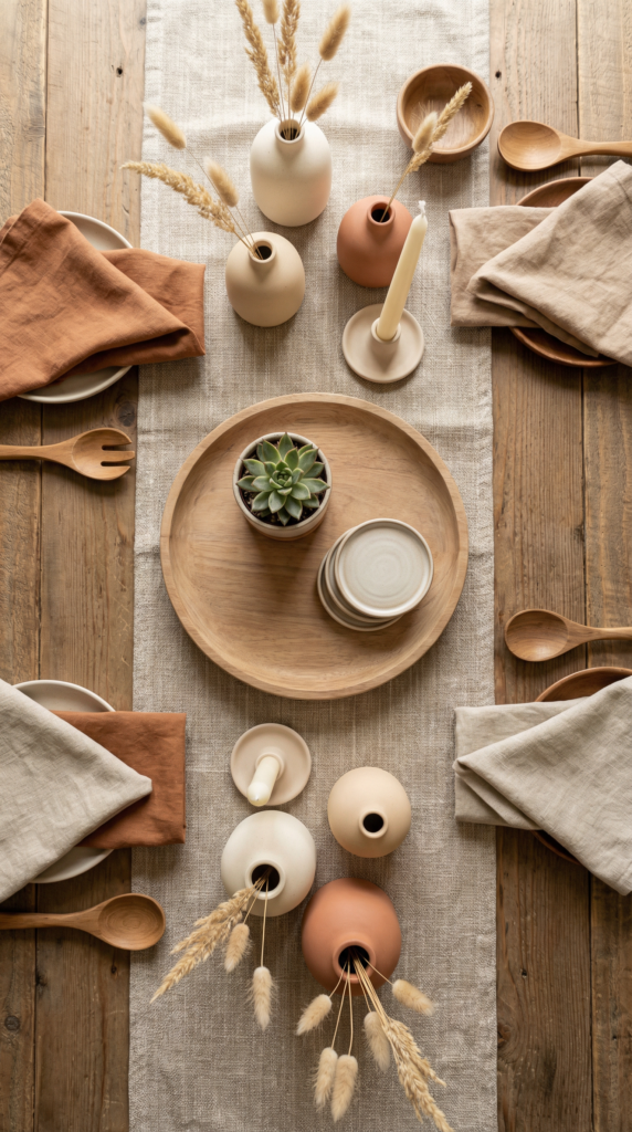 Garden party table styling essentials like runner, cloth napkins, bud vases, and taper candles for an elevated outdoor tablescape.