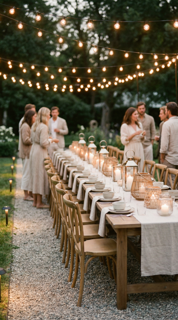Ambient garden party lighting with overhead string lights, lanterns, and path lights to create a magical spring and summer vibe.