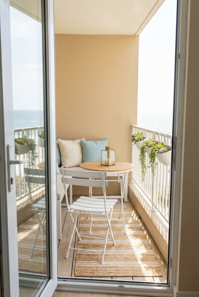 How to decorate a small balcony​ - Small balcony decor idea with space-saving bistro set, outdoor runner, lantern lighting, and vertical plants for a cozy outdoor room.