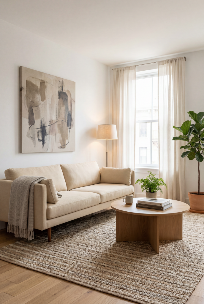 Decorating styles for apartments shown in a modern neutral living room with a light sofa, textured rug, simple wall art, and warm wood accents.