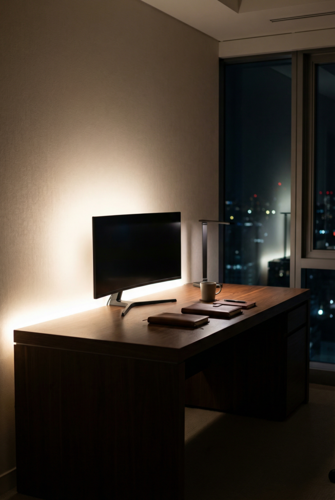 Desk decoration ideas for office featuring subtle bias lighting behind a monitor for a soft, elevated glow.
