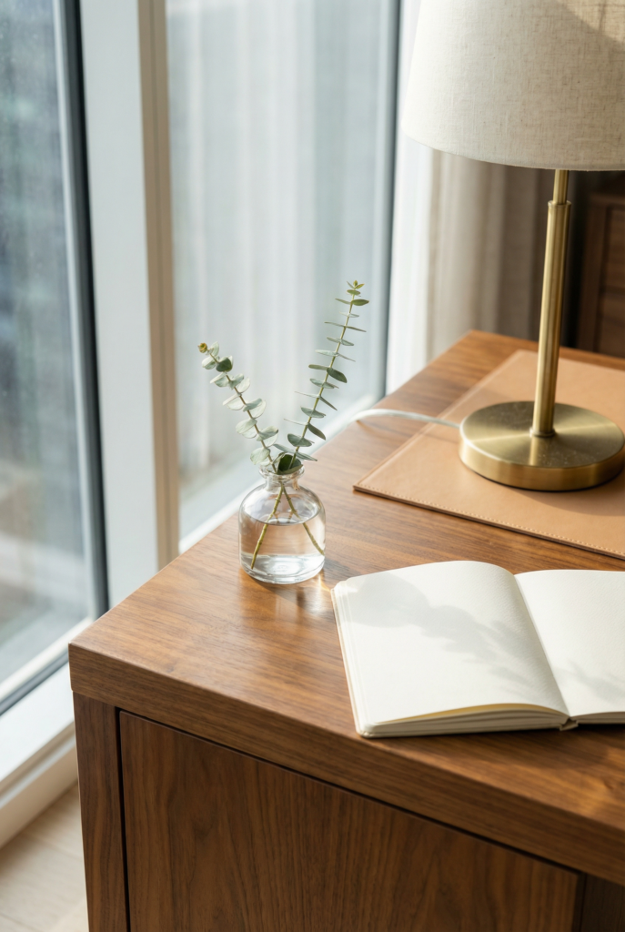 Desk decoration ideas for office featuring a minimal bud vase as a fresh, low-clutter desk refresh.
