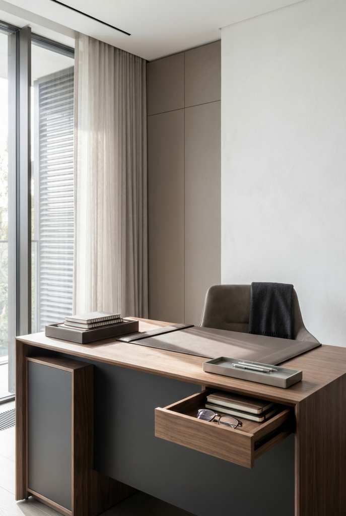 Desk decoration ideas for office showing a clean desktop, visible organizer zone, and a slightly open drawer for hidden storage.