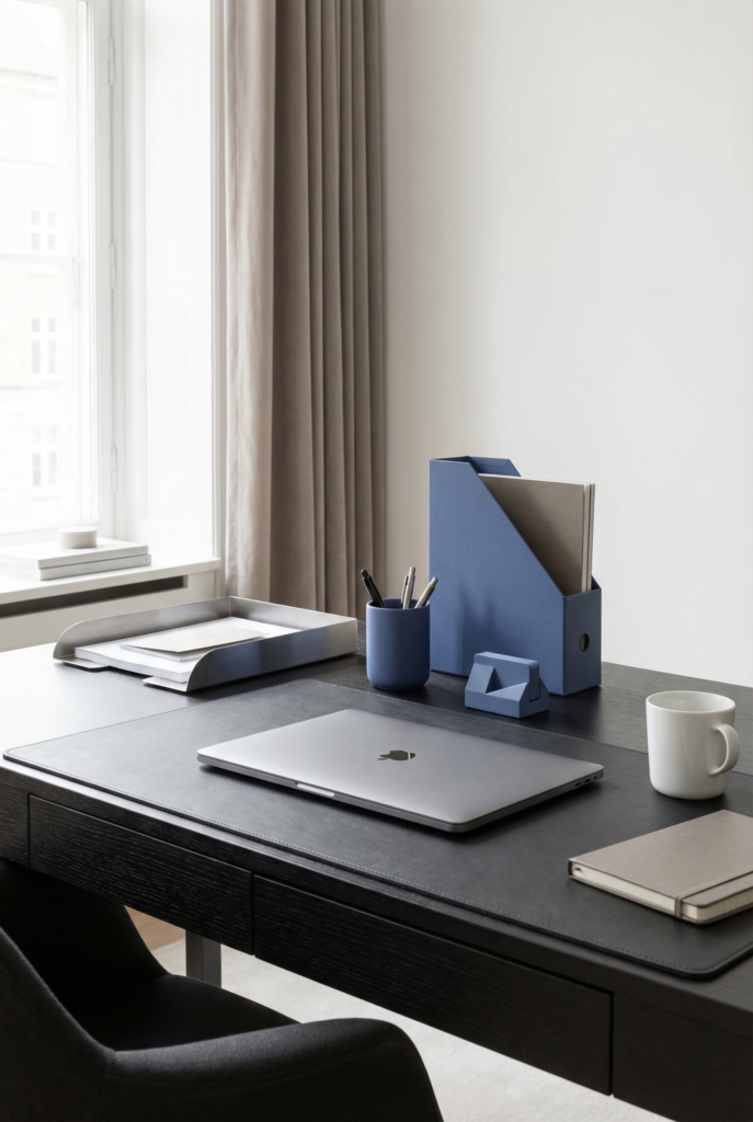 Desk decoration ideas for office with a controlled color-pop accent repeated across a few sleek desk accessories.
