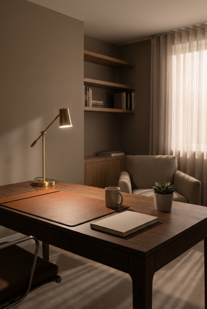 Desk decoration ideas for office featuring a cozy work-from-home desk with warm lighting and a calm neutral palette.