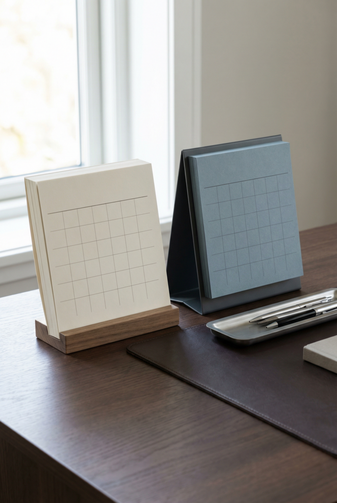 Desk decoration ideas for office comparing minimal vs colorful desk calendar styles in a clean workspace.
