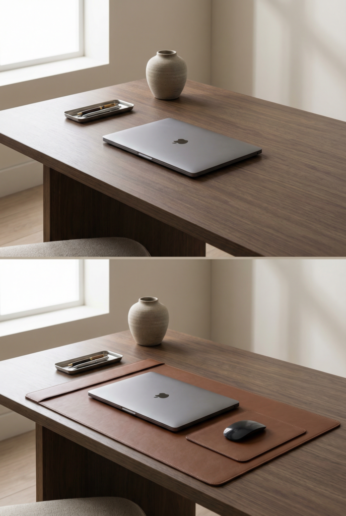 Desk decoration ideas for office showing a before-and-after upgrade with a refined desk mat and matching mouse pad.