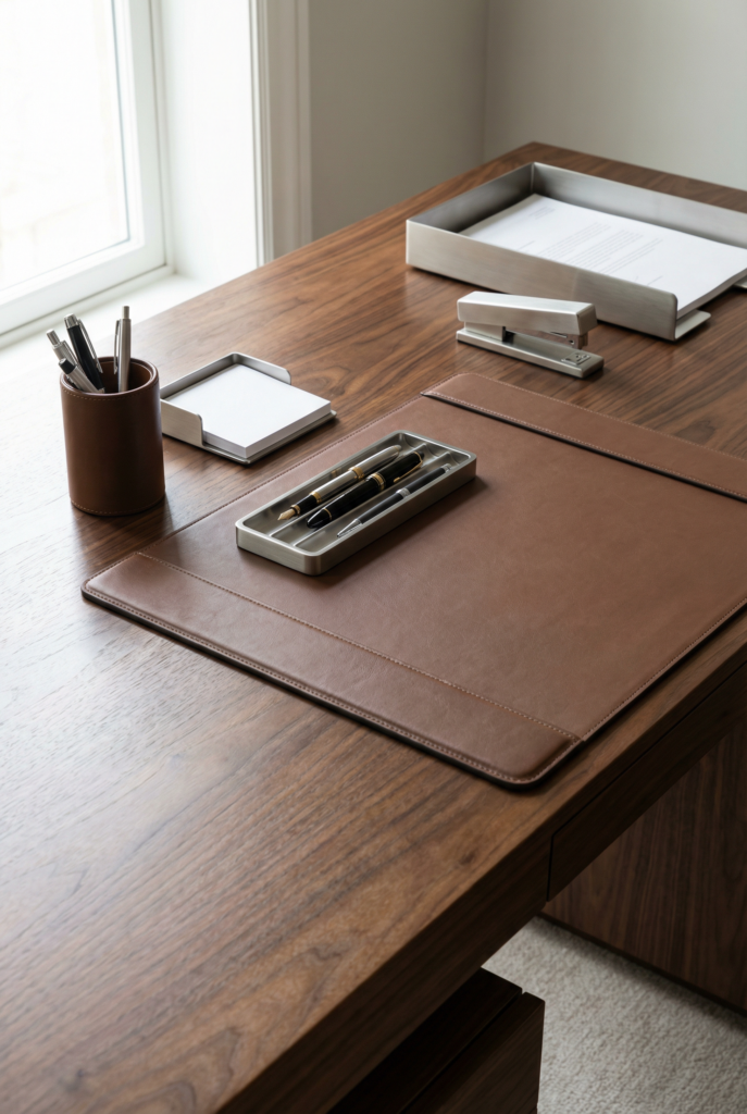 Desk decoration ideas for office featuring neatly grouped functional desk accessories like a pen cup, notepad, inbox tray, and stapler.