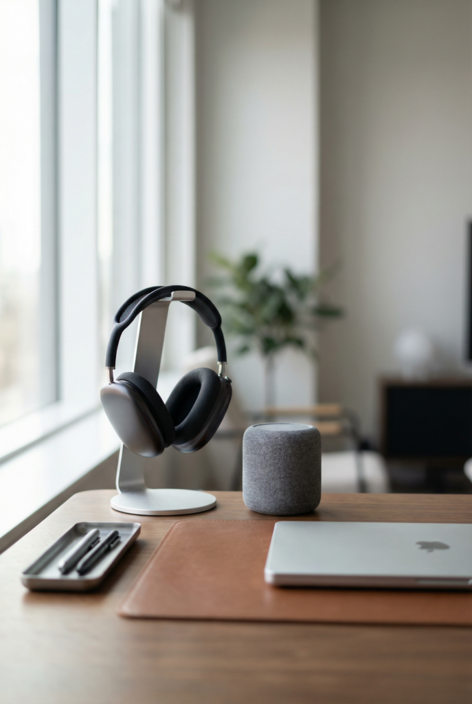Desk decoration ideas for office featuring a clean focus setup with headphones on a stand and a small speaker.