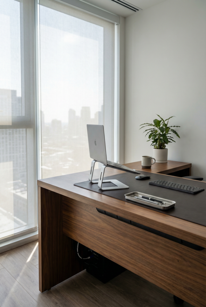 Desk decoration ideas for office showing an ergonomic laptop-stand setup with an external keyboard and a tidy surface.
