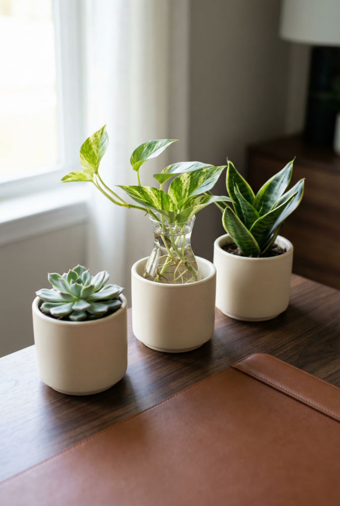Desk decoration ideas for office showing three low-maintenance desk plants in matching neutral pots.