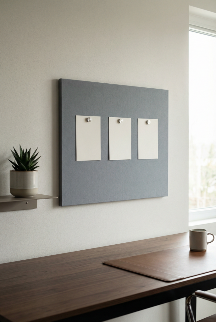 Desk decoration ideas for office showing a minimal bulletin or magnetic board with a few cleanly spaced reminders.