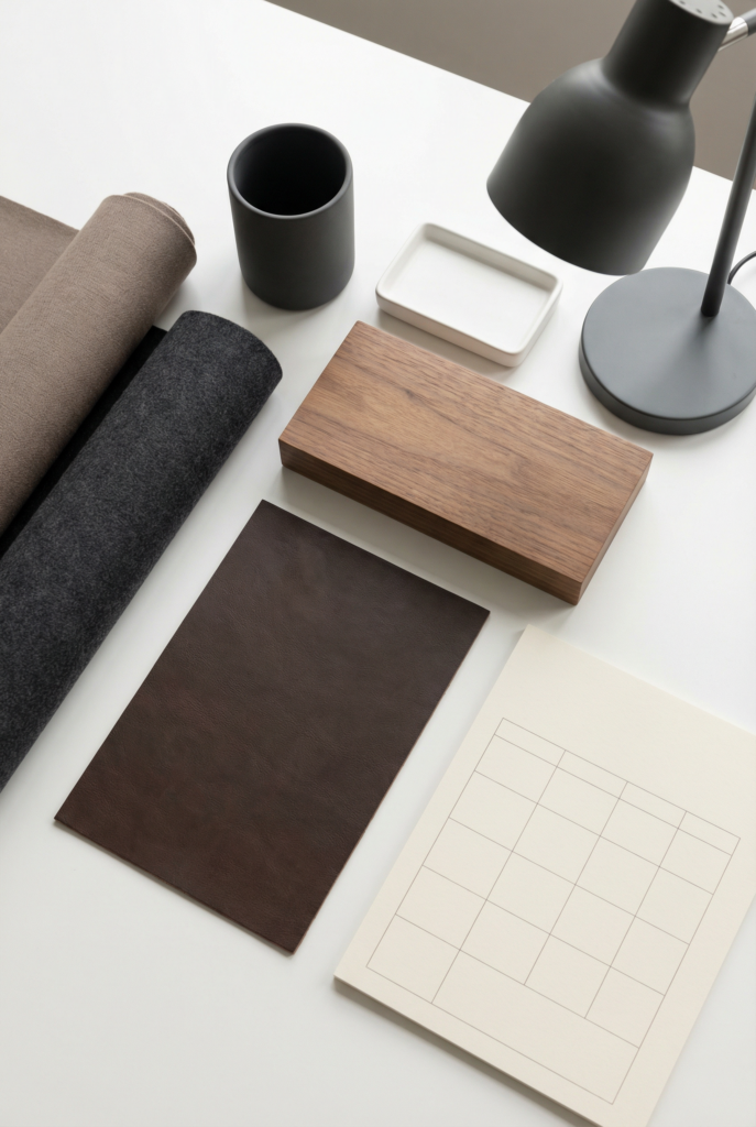 Desk decoration ideas for office featuring a modern minimal moodboard with neutral swatches and coordinated desk accessories.