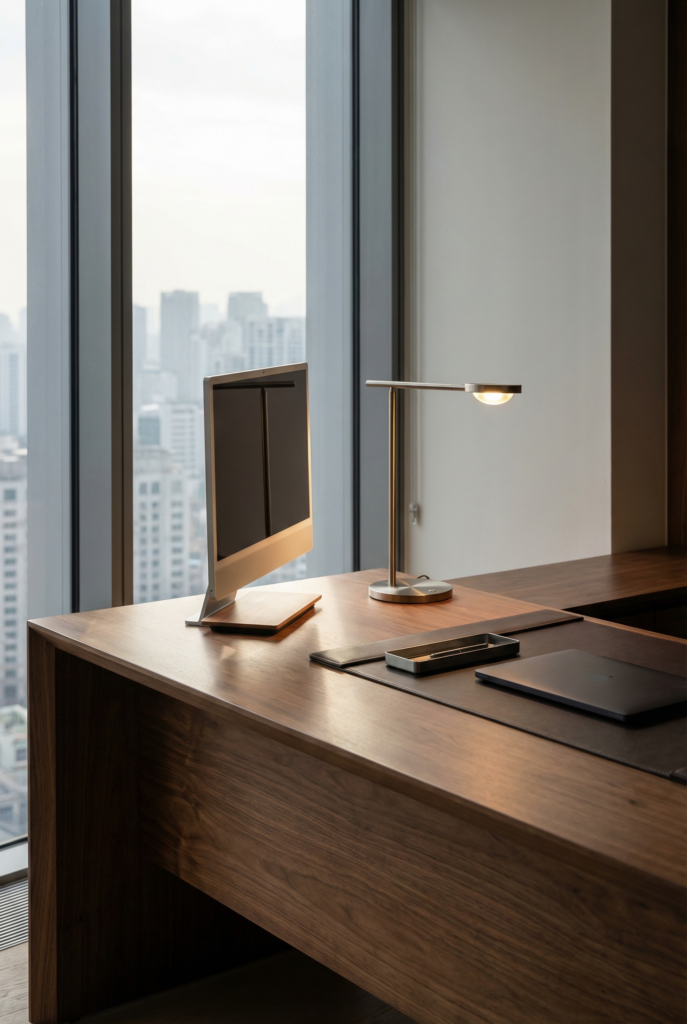 Desk decoration ideas for office using a monitor riser and a warm task lamp to add height and a polished look.