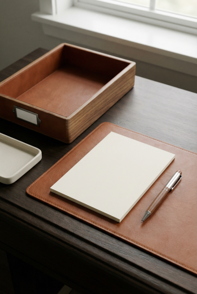 Desk decoration ideas for office featuring a simple notepad system paired with an inbox folder to keep the surface clear.