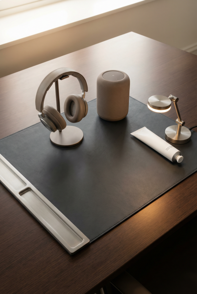 Desk decoration ideas for office featuring office-friendly focus tools like headphones, a small speaker, and clean, scent-safe accessories.