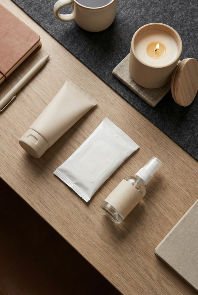 Desk decoration ideas for office showing office-safe “fresh desk” swaps like wipes and unscented essentials.