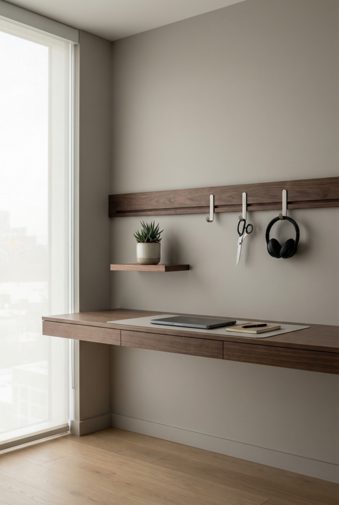 Desk decoration ideas for office using a minimal pegboard or wall rail to organize essentials without visual clutter.