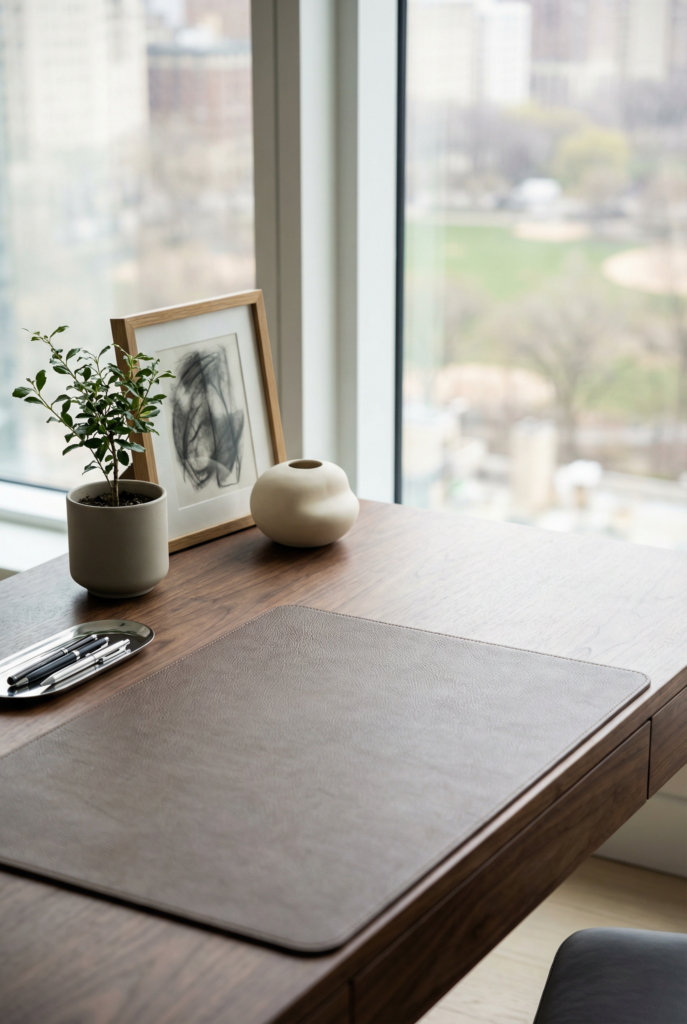 Desk decoration ideas for office with a refined personal vignette featuring a plant, abstract art, and a sculptural ceramic piece.