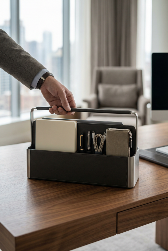 Desk decoration ideas for office featuring a portable desk caddy for a tidy hybrid or hot-desk setup.