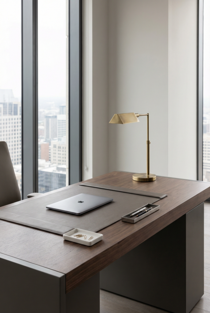 Desk decoration ideas for office showing a sleek corporate setup with a neutral palette and one metallic accent piece.