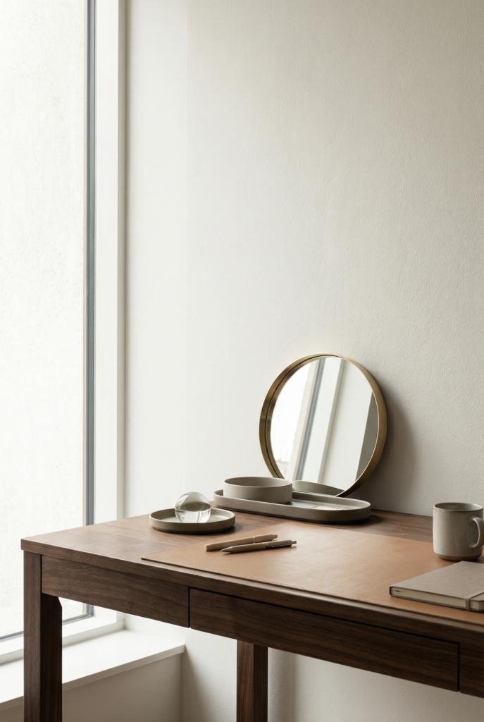 Desk decoration ideas for office using a small mirror as a reflective accent to brighten a compact workspace.