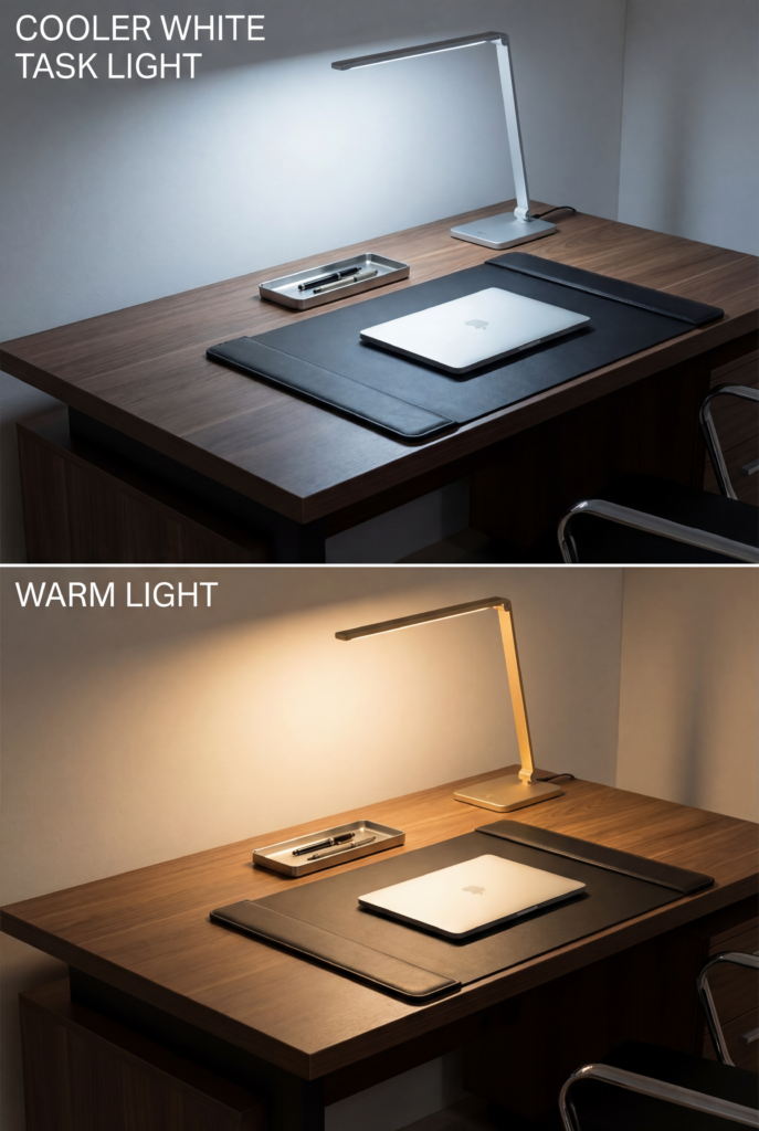 Desk decoration ideas for office comparing cool vs warm task lighting to change the mood and clarity of a workspace.