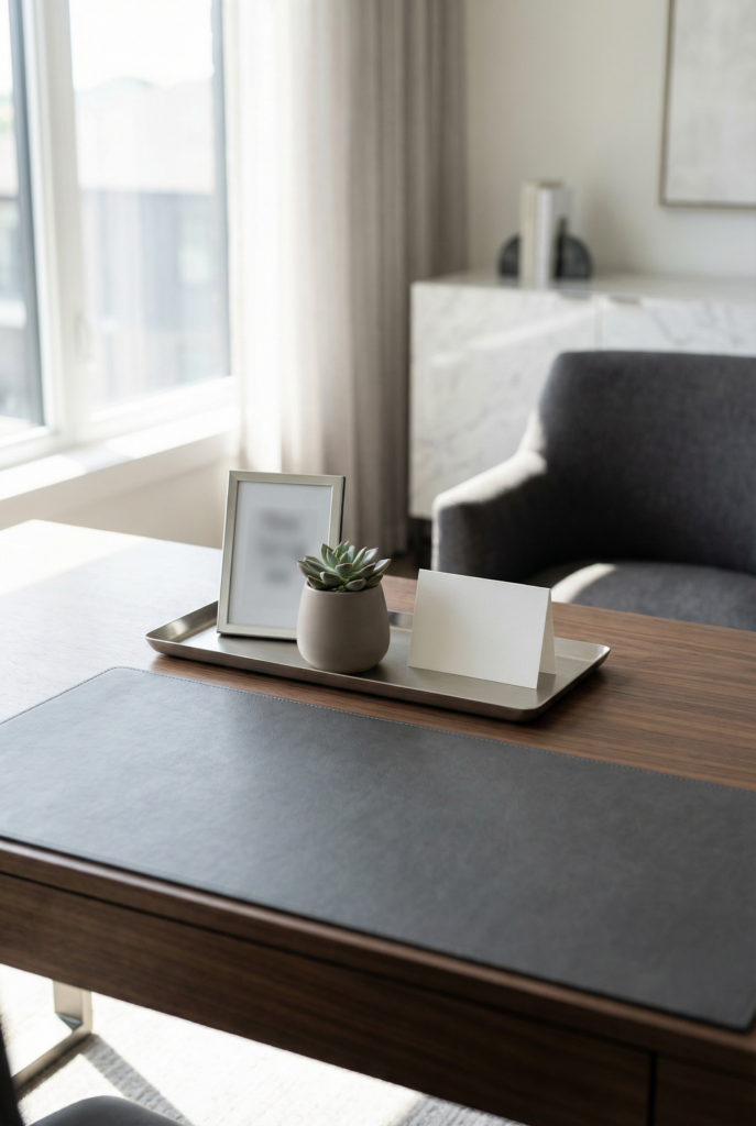 Desk decoration ideas for office with a minimal three-item personal cluster: photo frame, small plant, and a simple card.