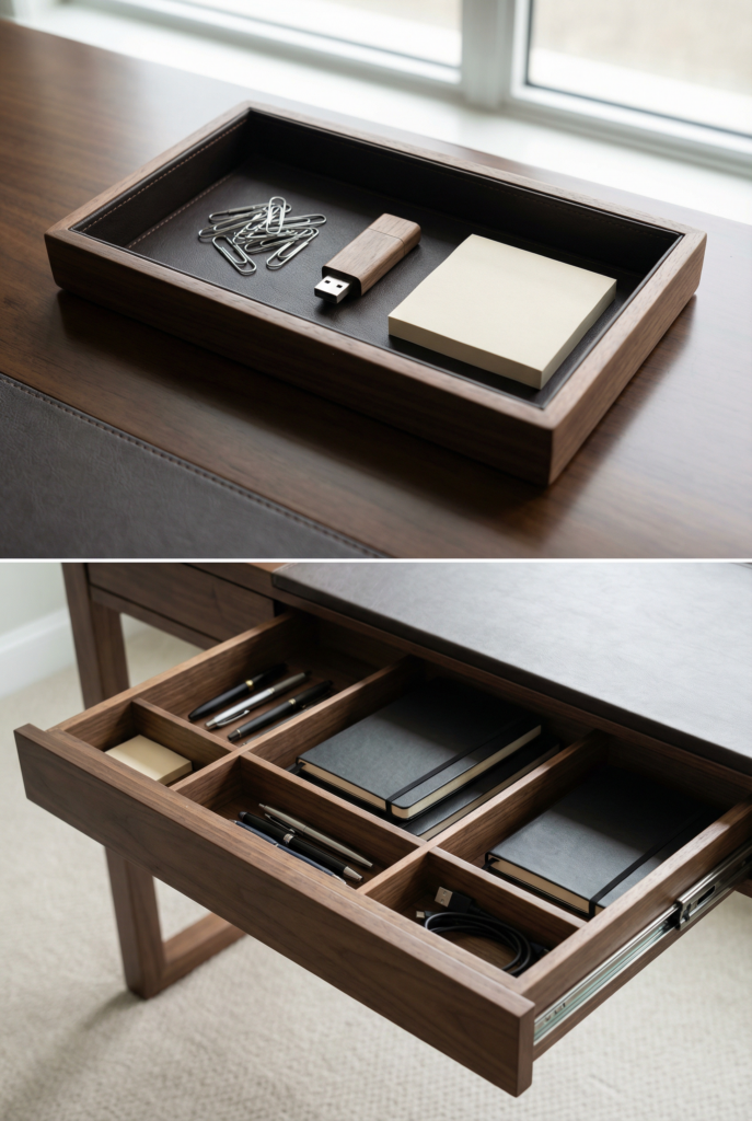 Desk decoration ideas for office showing a catchall tray on top and drawer dividers below for tidy, hidden organization.