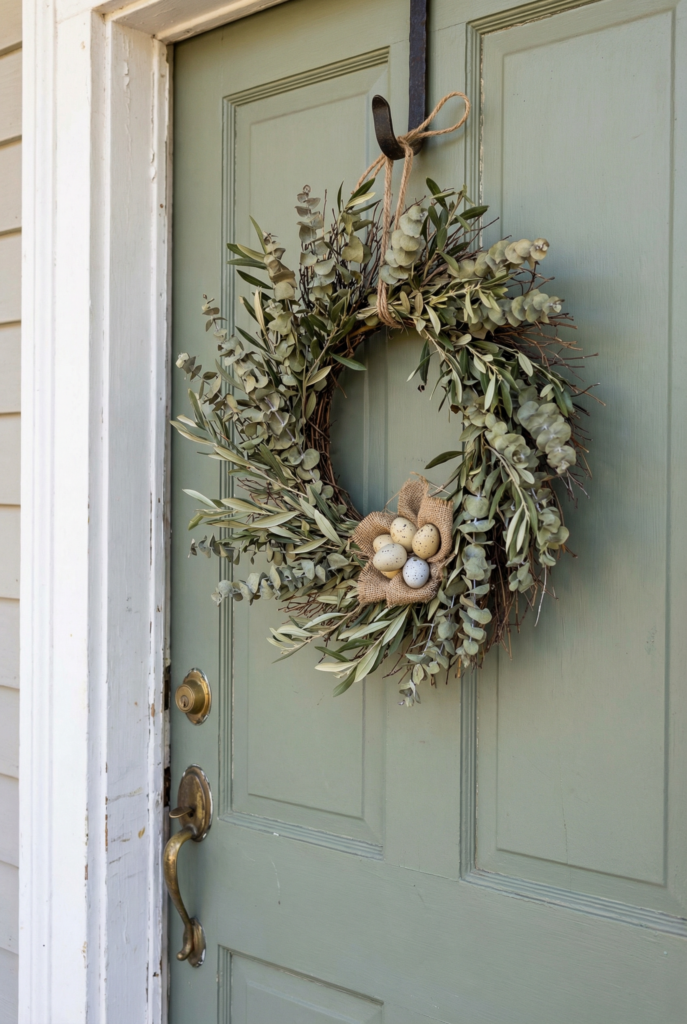 DIY easter wreath made with greenery, decorative eggs, and a neutral bow hung on a front door as outdoor easter decor.