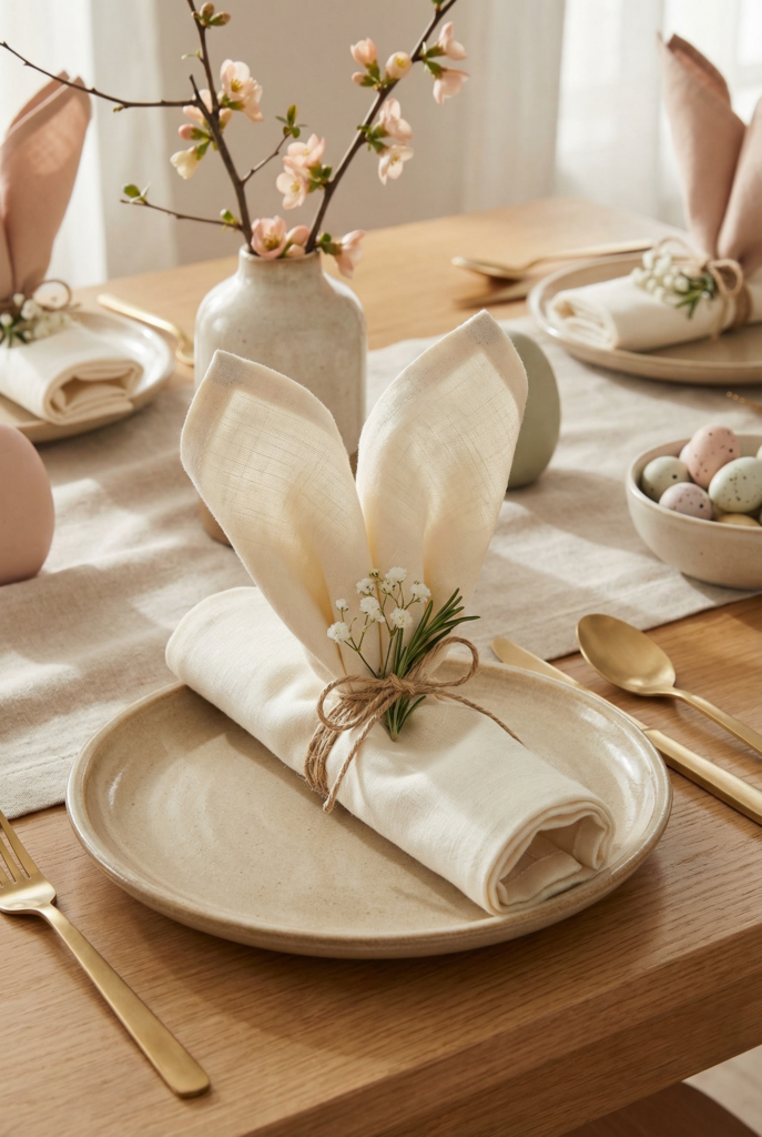 Bunny ear napkin fold with twine and tiny greenery on a neutral place setting, easy easter crafts for a cozy brunch table