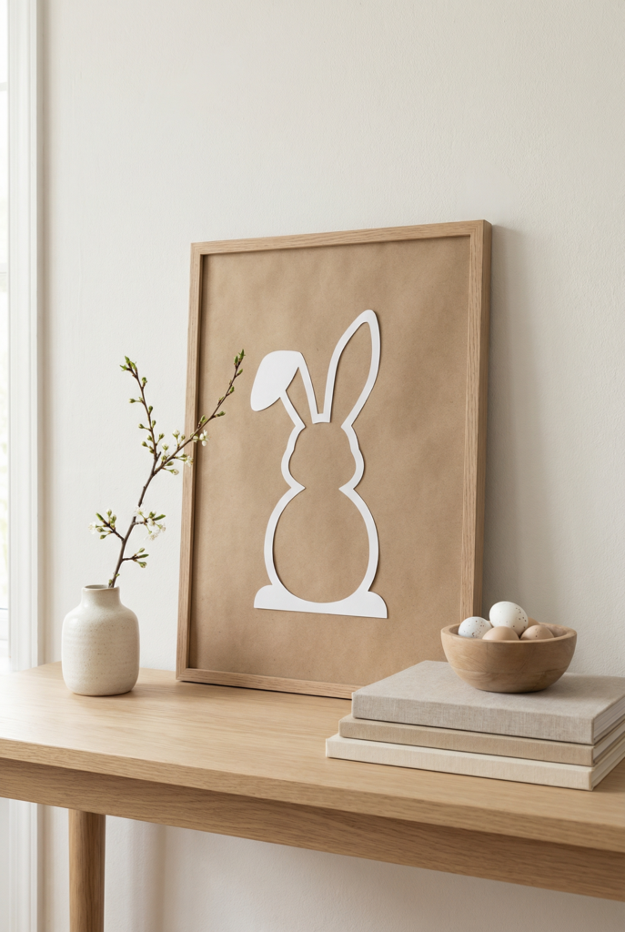 Minimal bunny silhouette art with a small vase and bowl of eggs on a console, simple easter decorations for small spaces