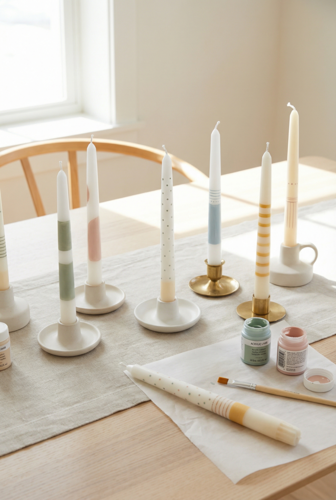 Painted taper candles in soft pastels on a table runner with brushes and paint, diy easter decorations for pastel crafts and spring colors