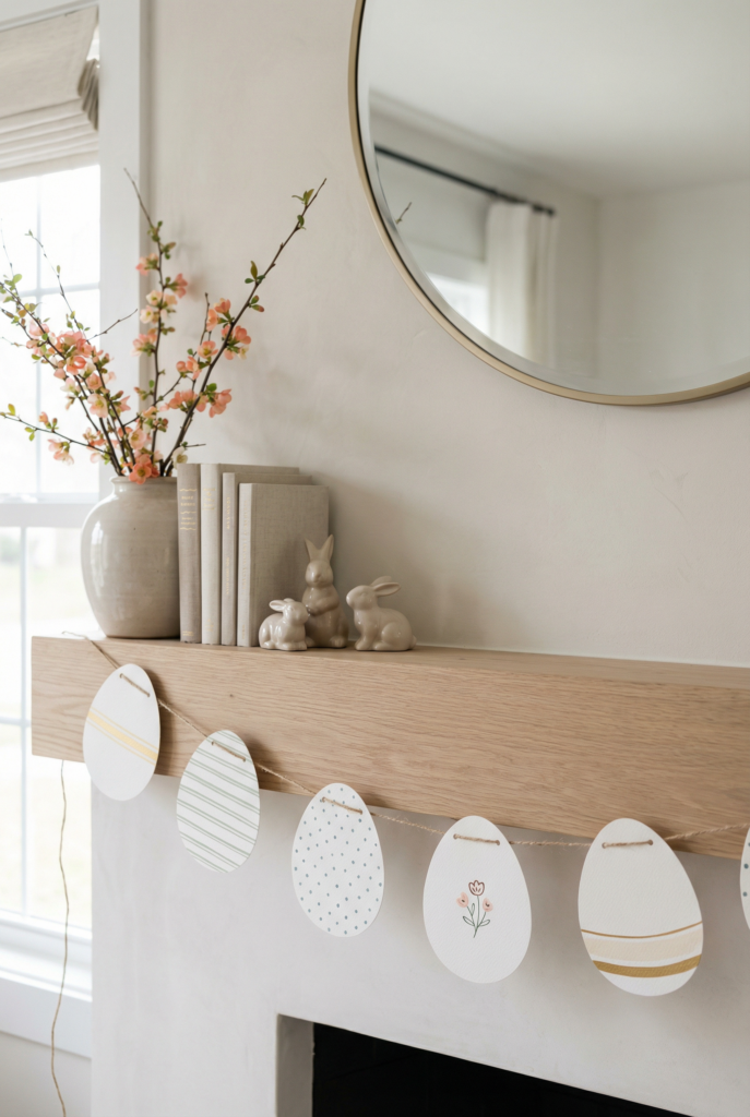 Paper egg garland hanging from a mantel with spring blooms and neutral decor, do it yourself easter decorations for easter mantel decor