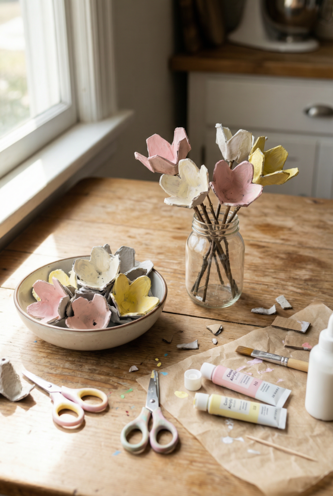 Painted egg carton flowers in a jar on a craft table, creative easter crafts and easy easter crafts for kids