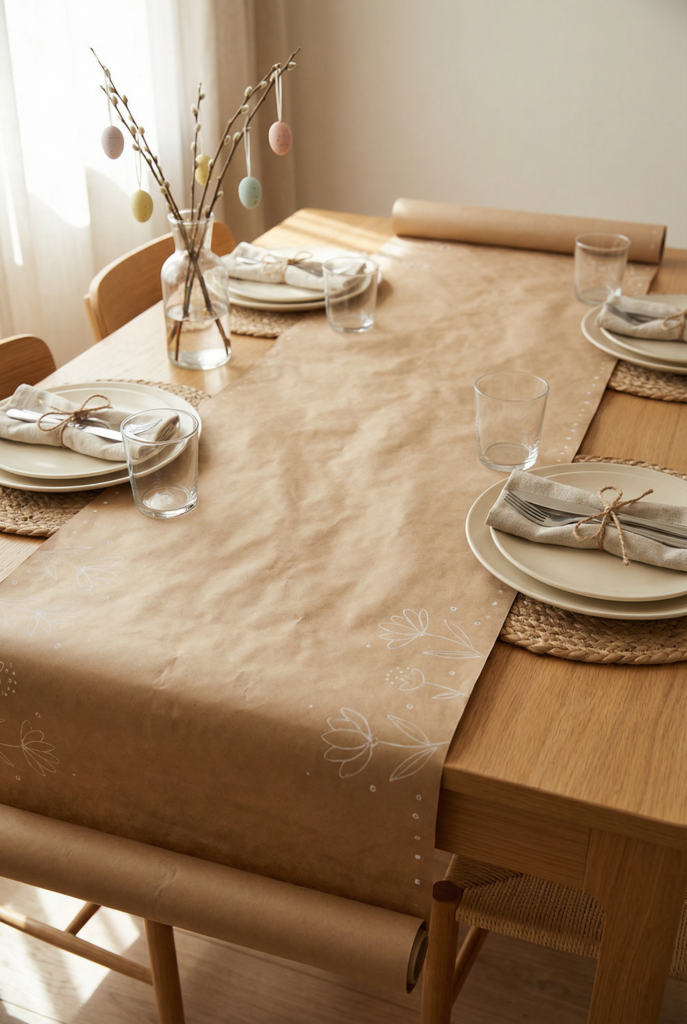 Kraft paper runner with hand-drawn florals on a wooden table, simple easter table decor with twine-tied napkins